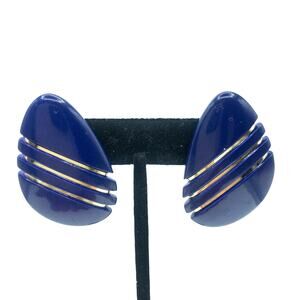 Vintage Navy Blue Abstract Statement Earrings Plastic Gold Accent 90s Stud